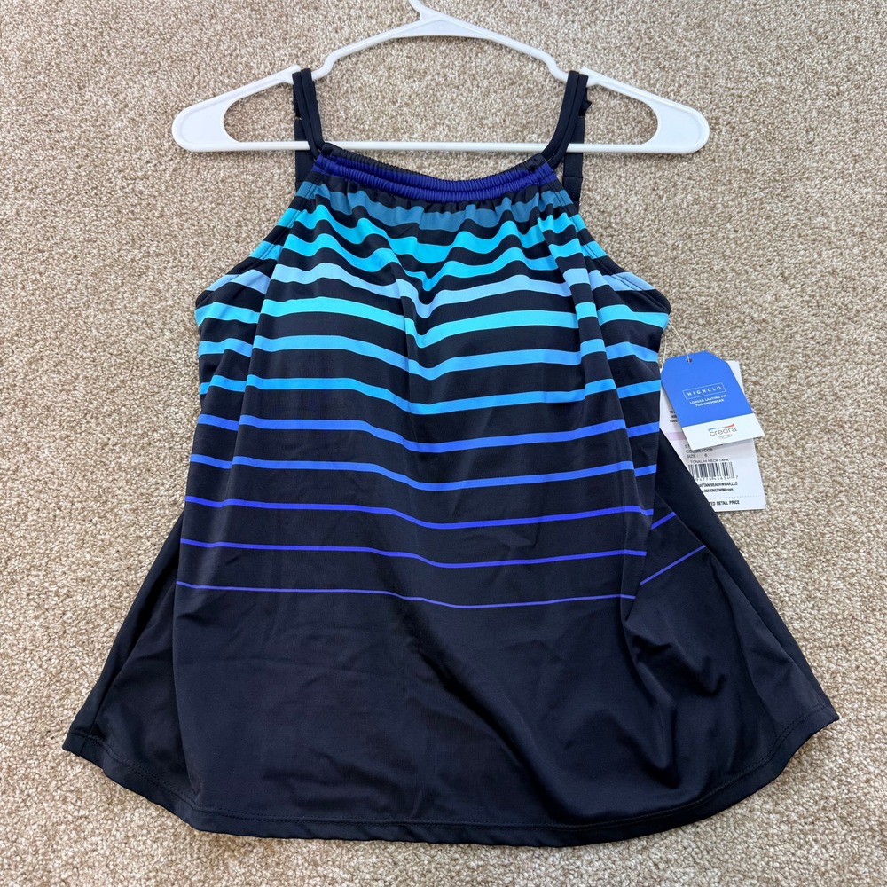 Maxine of Hollywood Womens Blue Striped High Neck Tankini Top 6 Swim NEW Beach